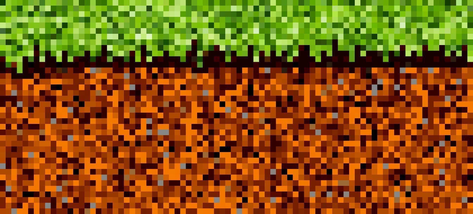 Pixelated dirt and grass block background in 8-bit game style. Retro terrain texture inspired by pixel art game graphics. vector
