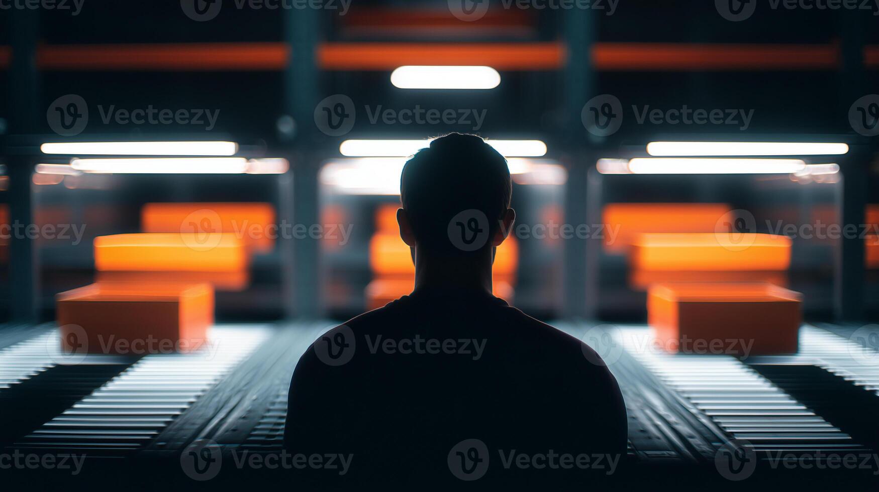 Worker silhouette watching automated production line with robotic machinery in modern factory. Human replaced by industrial automation and artificial intelligence. photo