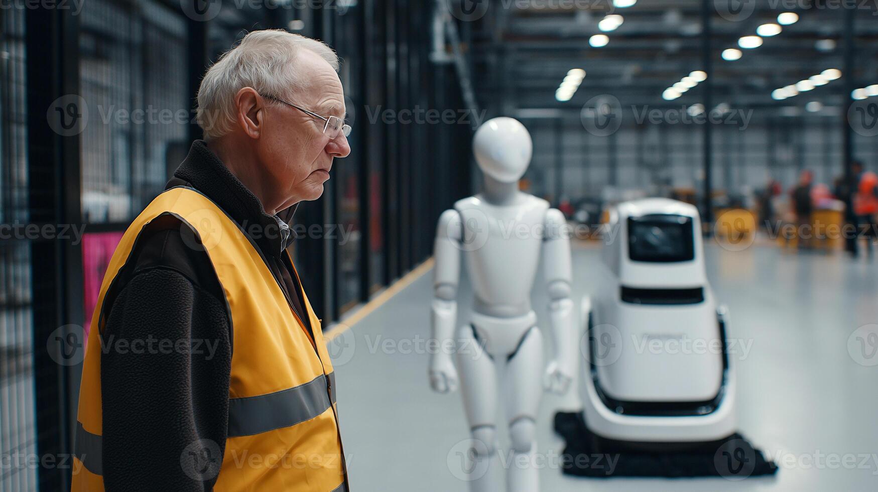 Senior warehouse worker replaced by humanoid robot and automated vehicle in modern industrial facility. Job displacement through artificial intelligence automation. photo