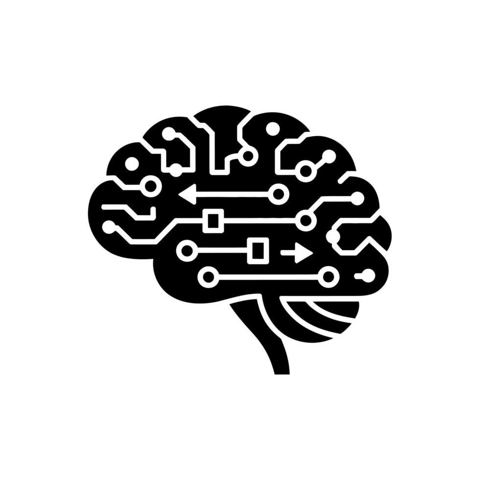 Black brain silhouette with white circuit board pattern and arrows technology artificial intelligence vector