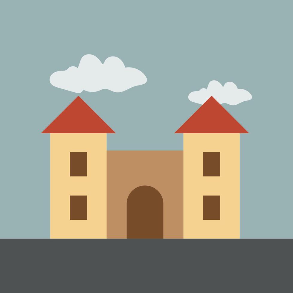 Stylized Castle Illustration with Red Roofs and Clouds, Against a Light Blue Sky, Representing Simplicity and Whimsical Design vector