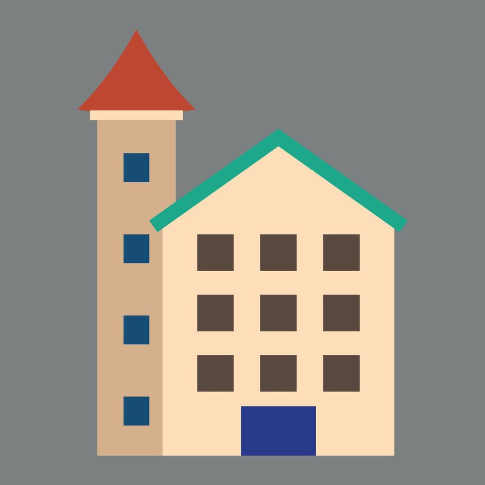 Stylized Building Illustration with Tower and Multiple Windows Depicted in a Flat Design against a Solid Gray Background vector