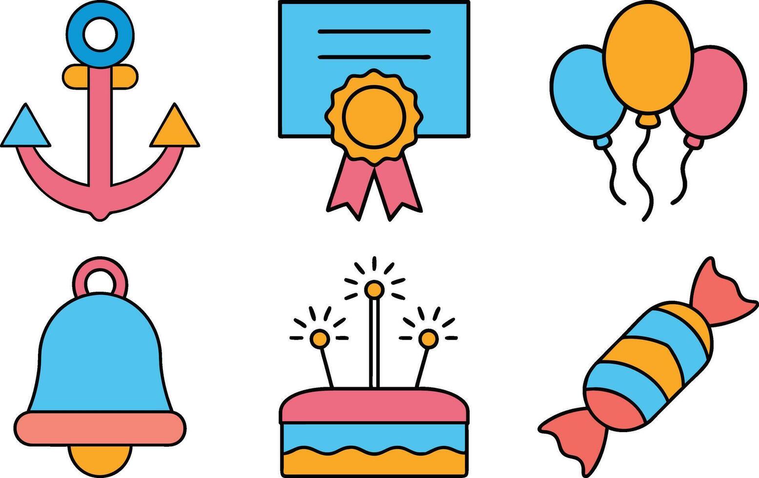 Celebration icons perfect for party invitations or scrapbooking with vibrant colors and playful designs to create a festive mood suitable for print or digital use vector