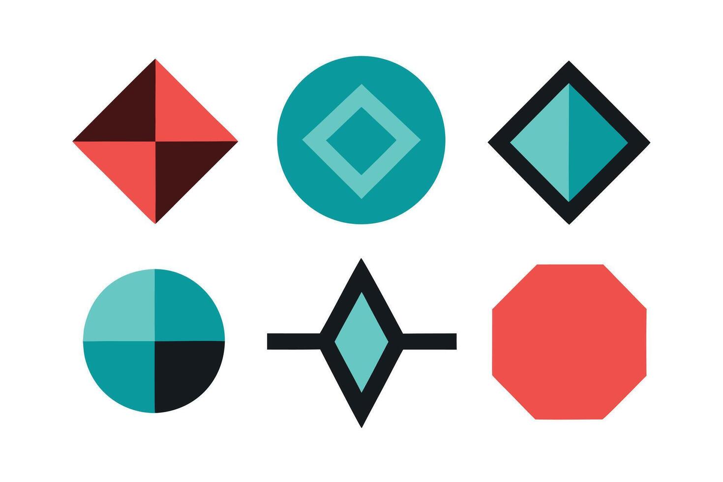 Collection of Abstract Geometric Shapes Modern Teal, Red, and Black Shapes on White Background - Professional digital artwork with vibrant colors and detailed composition vector
