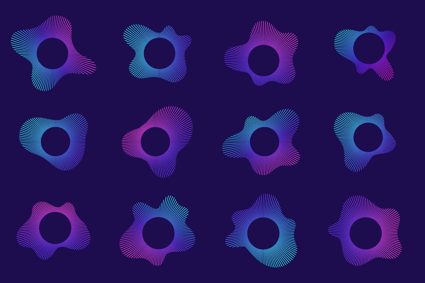 Circular sound wave set with gradient neon lines for audio visualization and music graphics. vector