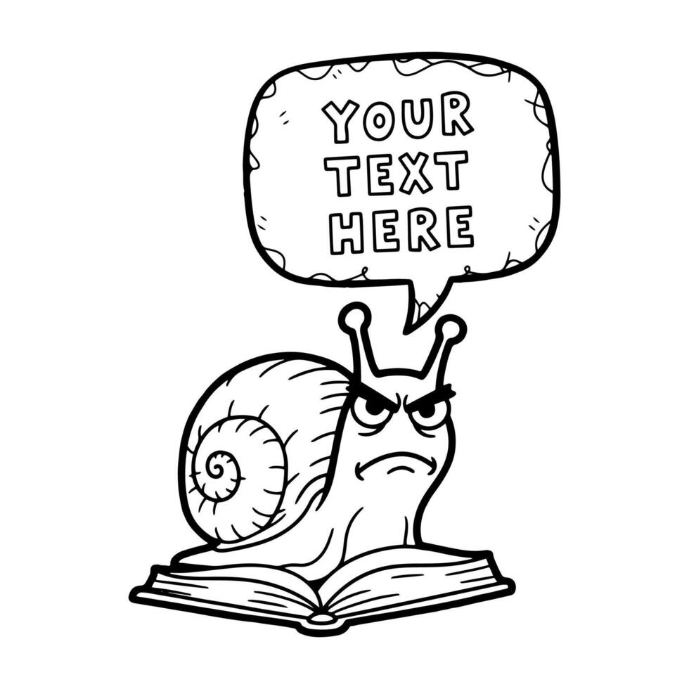 Grumpy Cartoon Snail Character Reading a Book with Speech Bubble vector