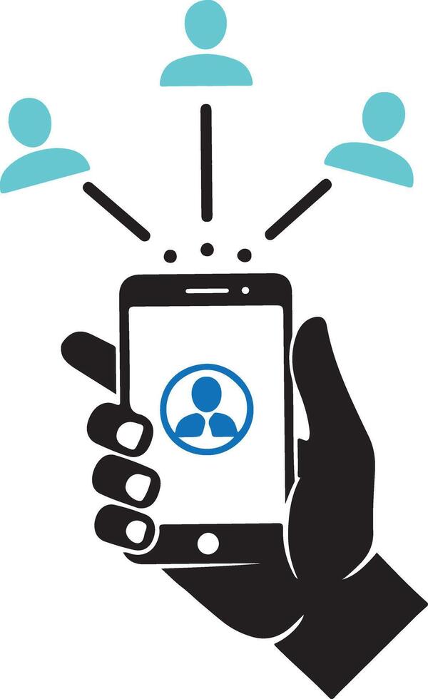 Hand holding a smartphone showing a user profile connected to other users vector