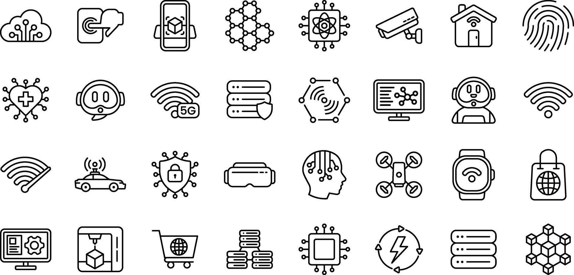 technology icons set, outline style icon, Industry, factory, technology progress, 5g, ai, robot, iot, robot, programming, automatic and many more vector