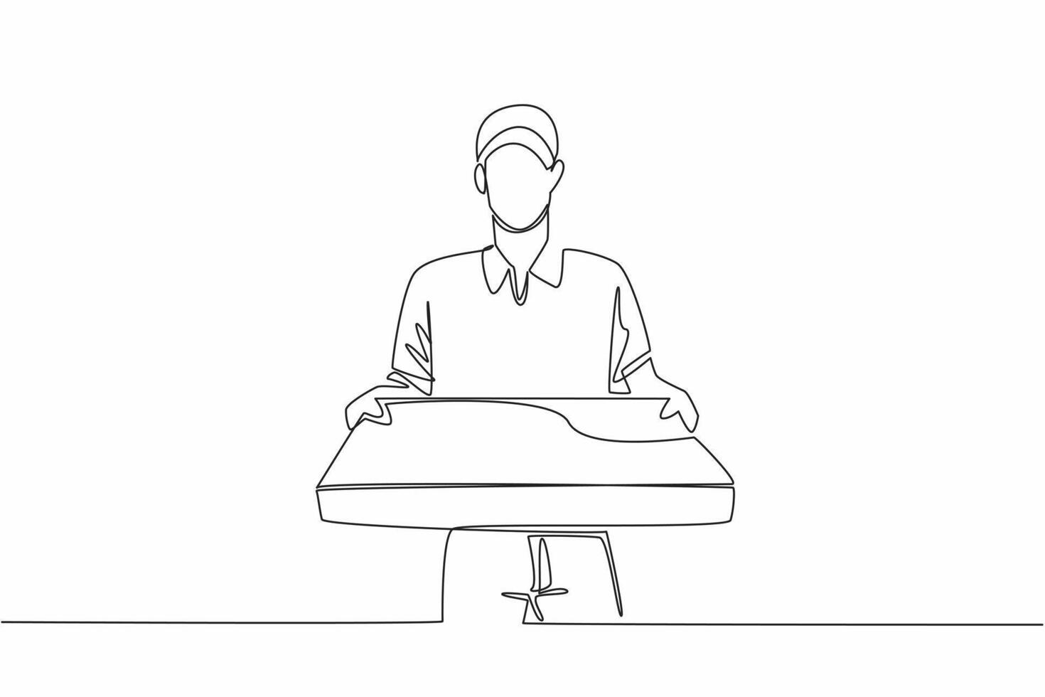 Single one line drawing pizza delivery man carrying a large pizza box. Deliver according to technical instructions. Pizza Delivery Driver Appreciation Day. Continuous line design graphic vector