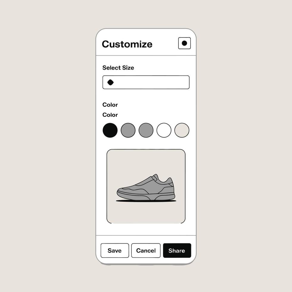 Smartphone Screen Showing a Shoe Customization App Interface with Options for Selecting Size and Color Shades of Gray Black and White a Gray Sneaker is Displayed vector