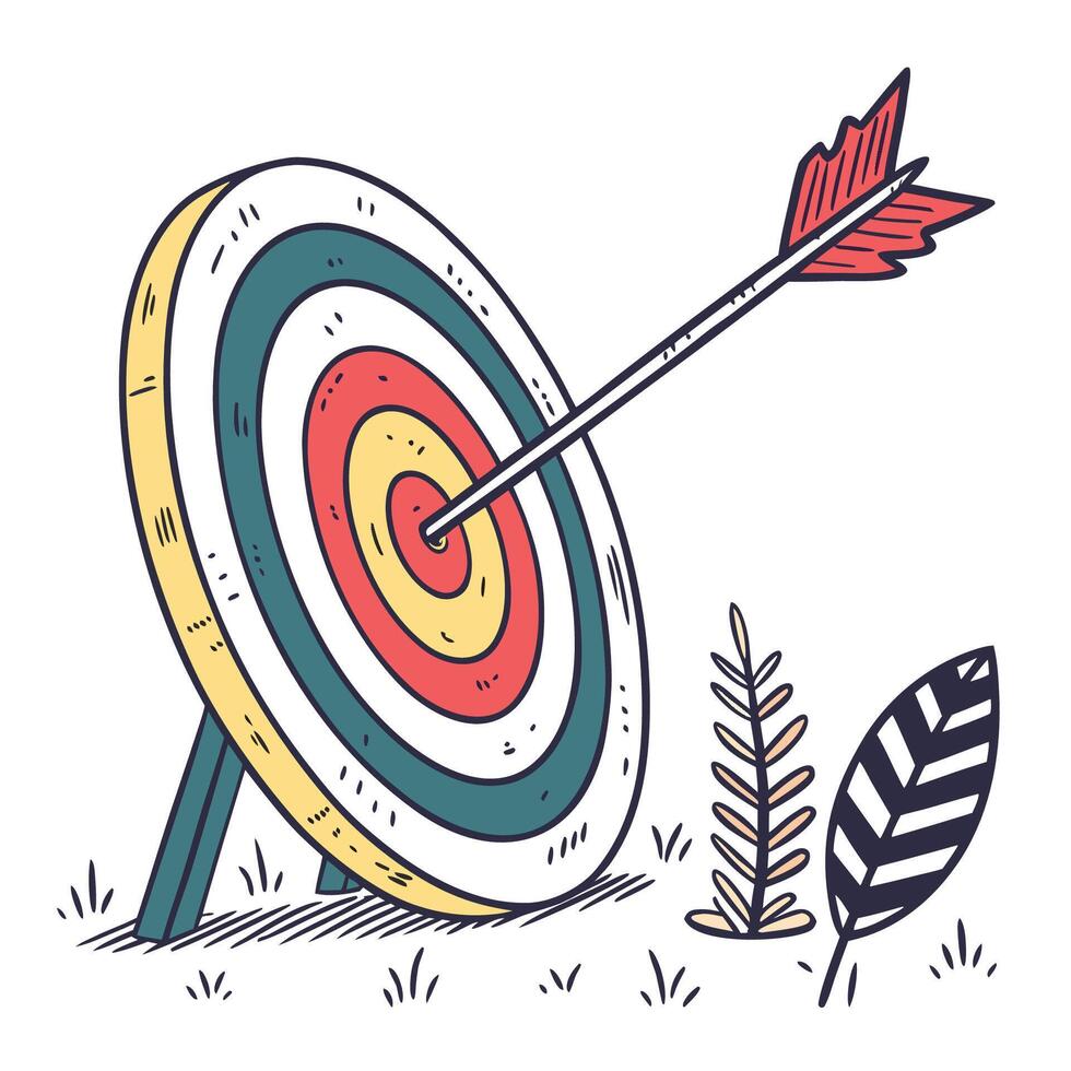 An arrow hitting a target in the center of a dartboard vector