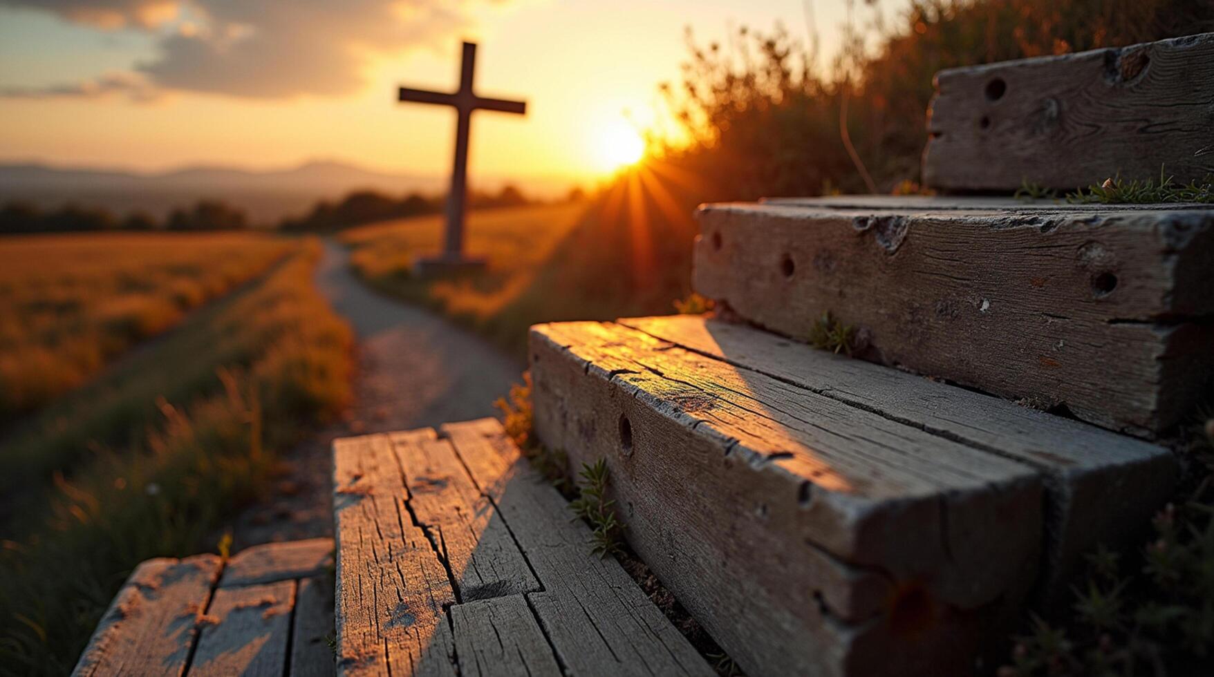 un de madera conjunto de pasos líder a un cruzar a puesta de sol foto