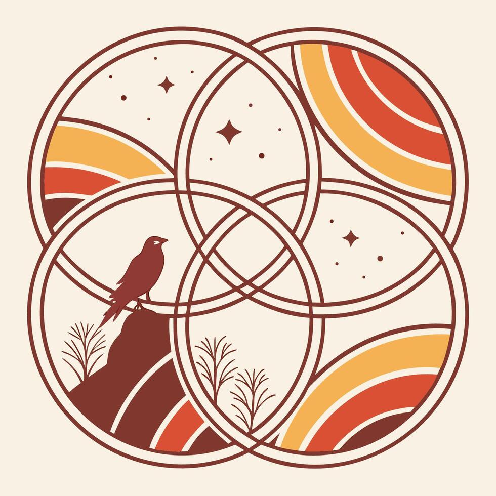 un cuervo se sienta en parte superior de un árbol en un circulo con un Dom y estrellas vector