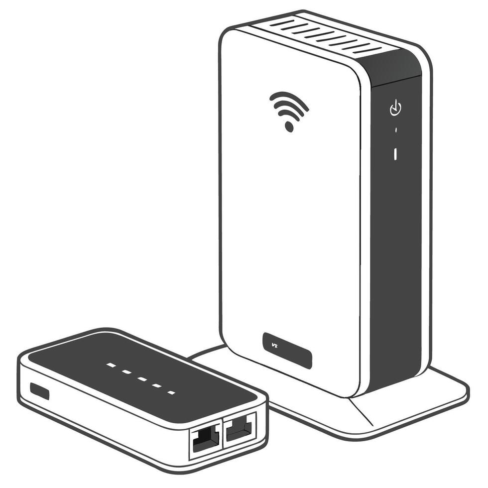 un dibujo de un Wifi enrutador y un enrutador vector