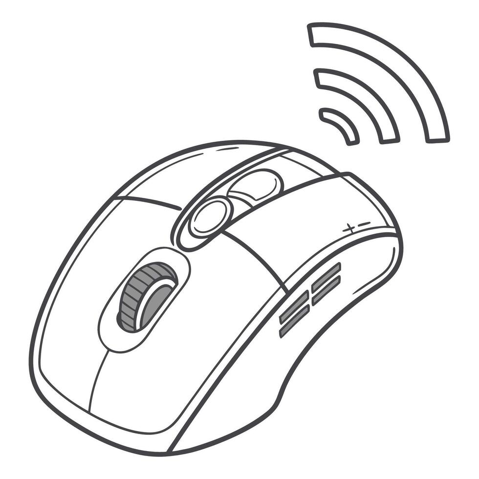 A drawing of a wireless mouse with a wireless signal vector