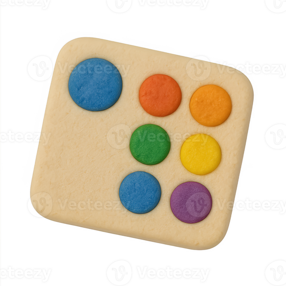 Square beige claylike object with seven colorful textured dots arranged in a die pattern. png