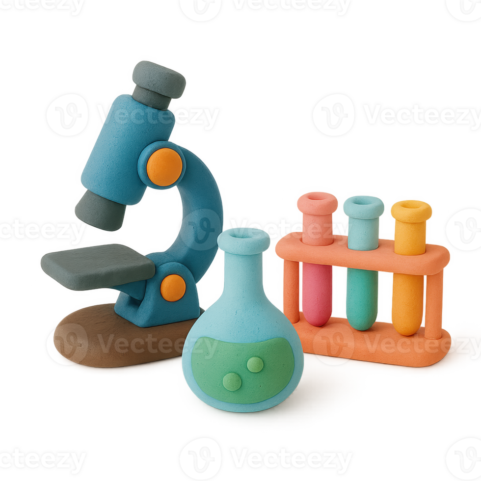 Whimsical clay model of a science lab set with a microscope flask and colorful test tubes. png