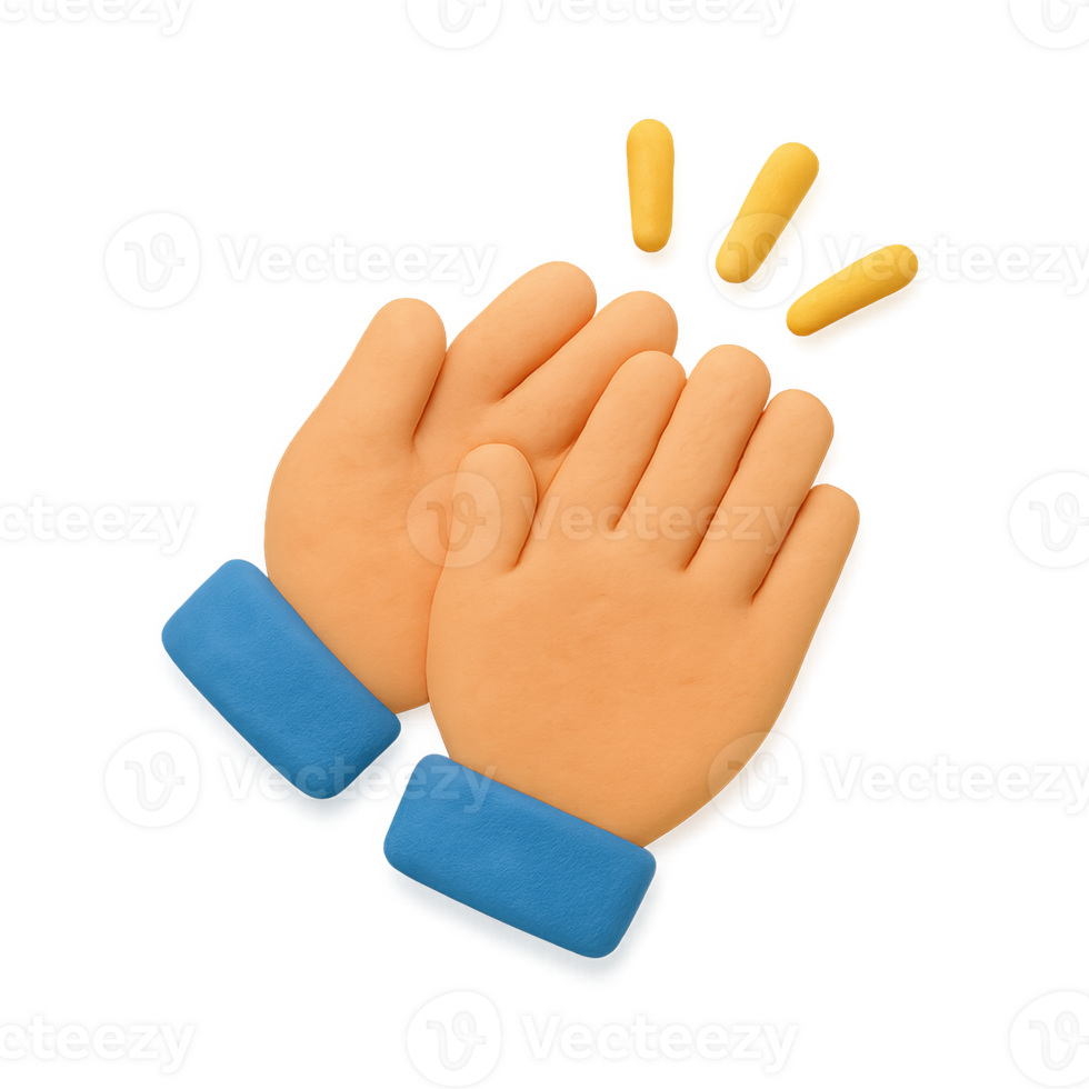 Stylized 3D clapping hands icon with blue cuffs rendered in a soft textured claymation style. png