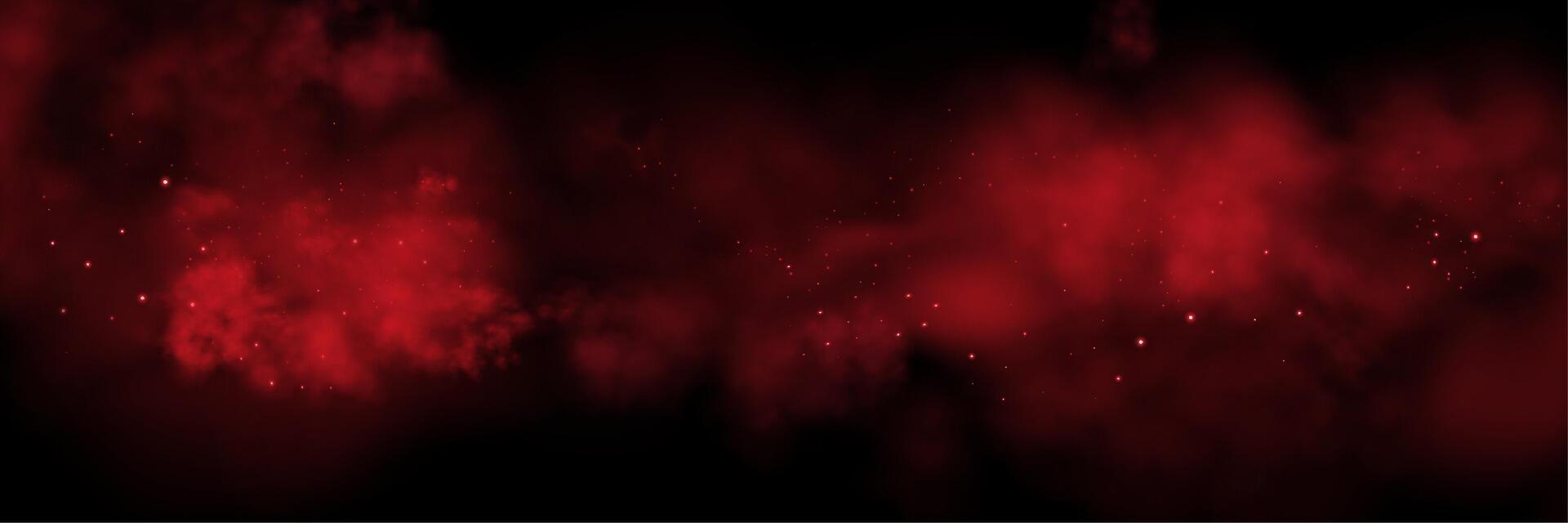 Red space realistic nebula smoke background. Abstract fog texture and shining stars. Magic colorful galaxy with stardust vector