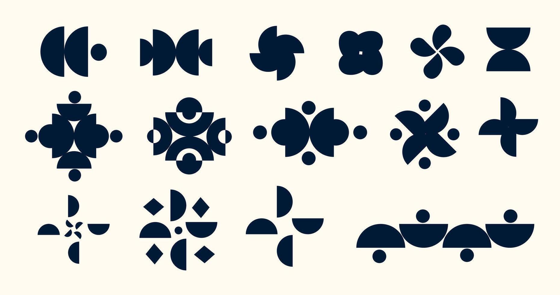 Abstract geometric symbols set, designed in neo geo and brutalist styles with minimal and symmetrical shapes, ideal for modern branding, editorial design, web graphics, poster art. illustration vector