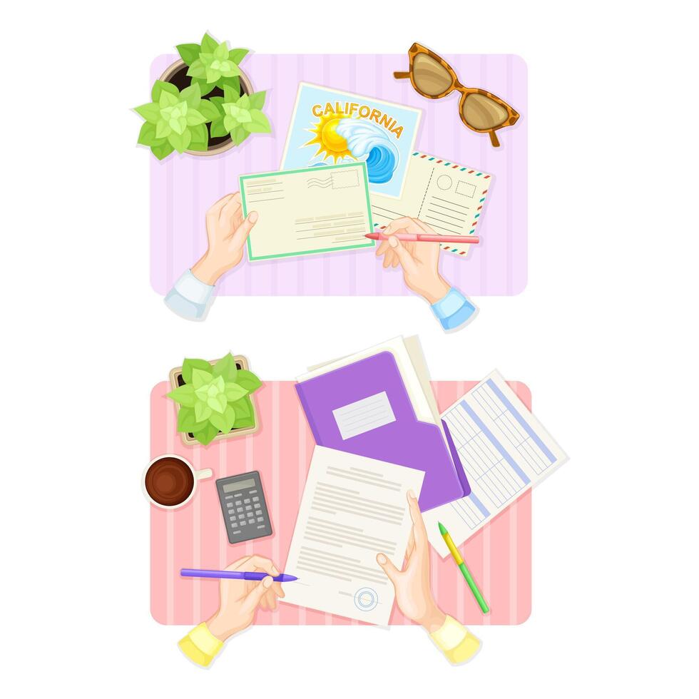 Top view of hands signing document and sending letter set illustration vector