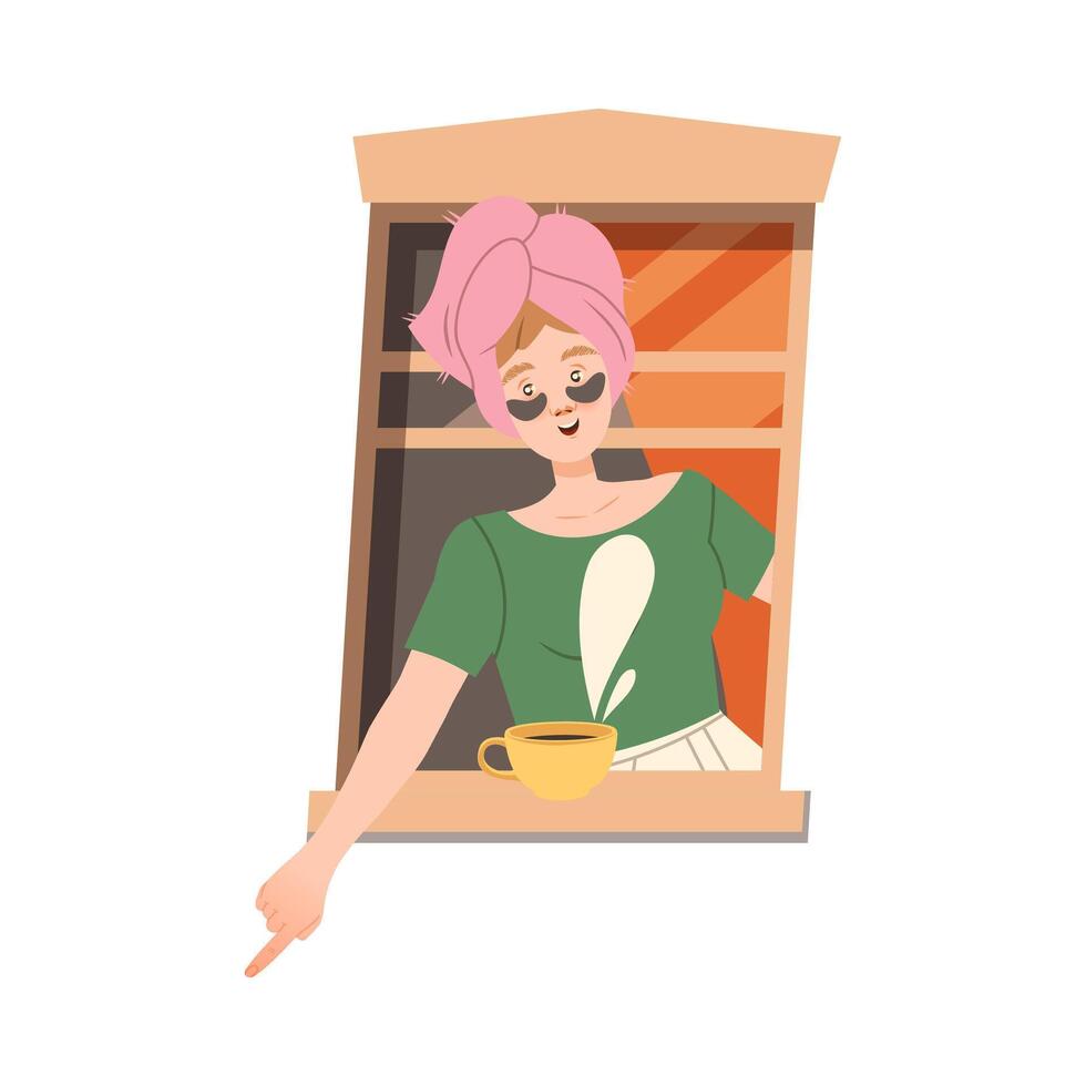 Woman with Towel on Head in Open Window Pointing Finger Illustration vector