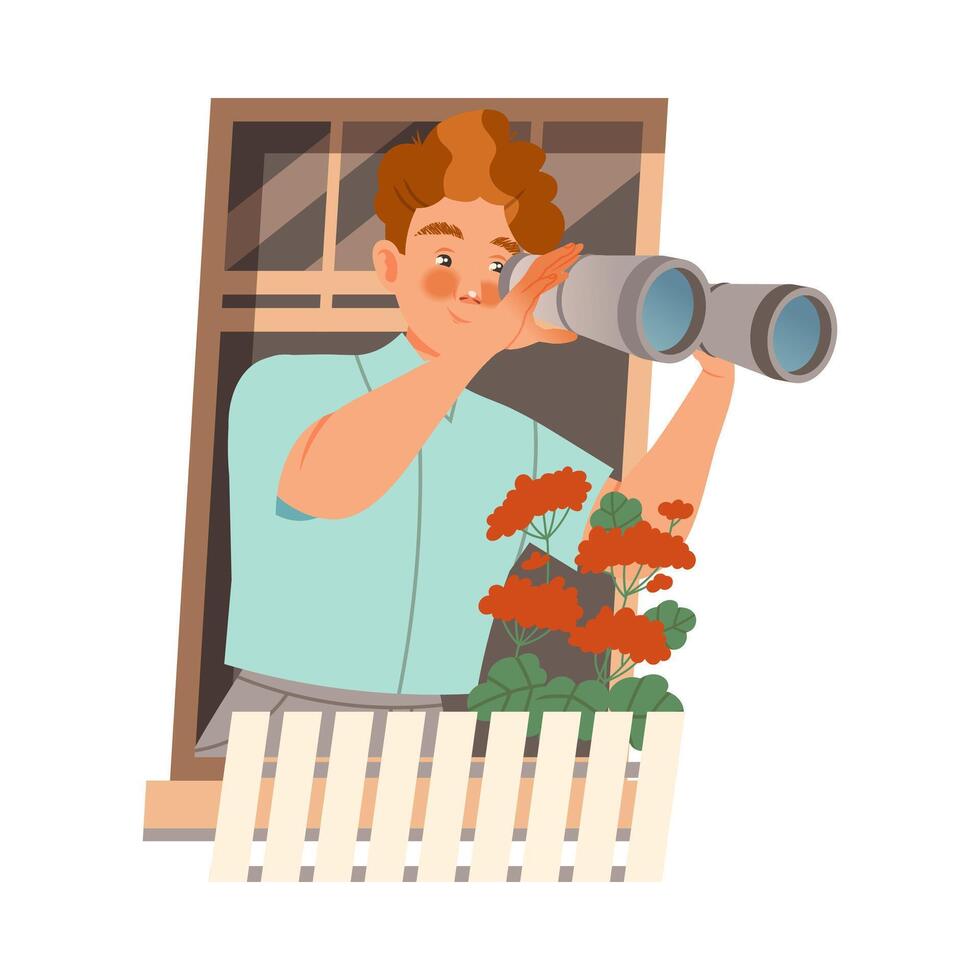 Redhead Man in Open Window with Binoculars Illustration vector
