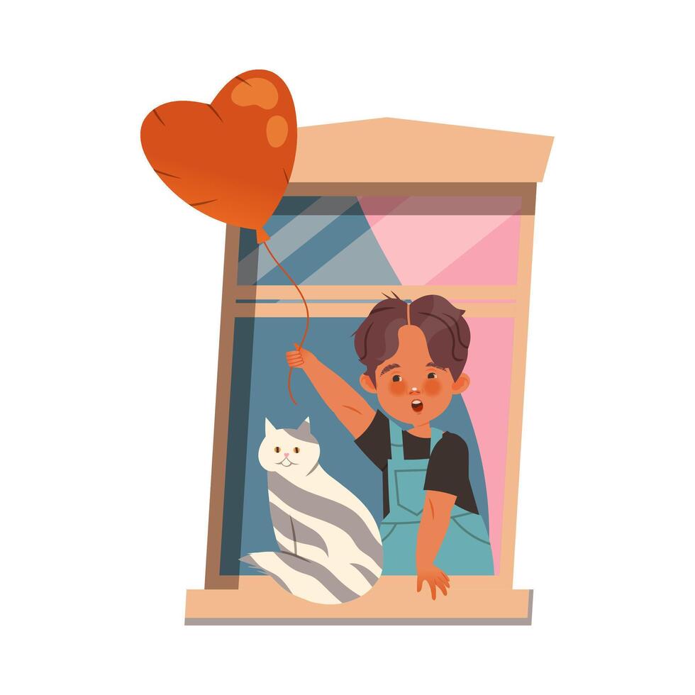 Little Boy in Open Window with Cat and Red Heart Balloon Illustration vector