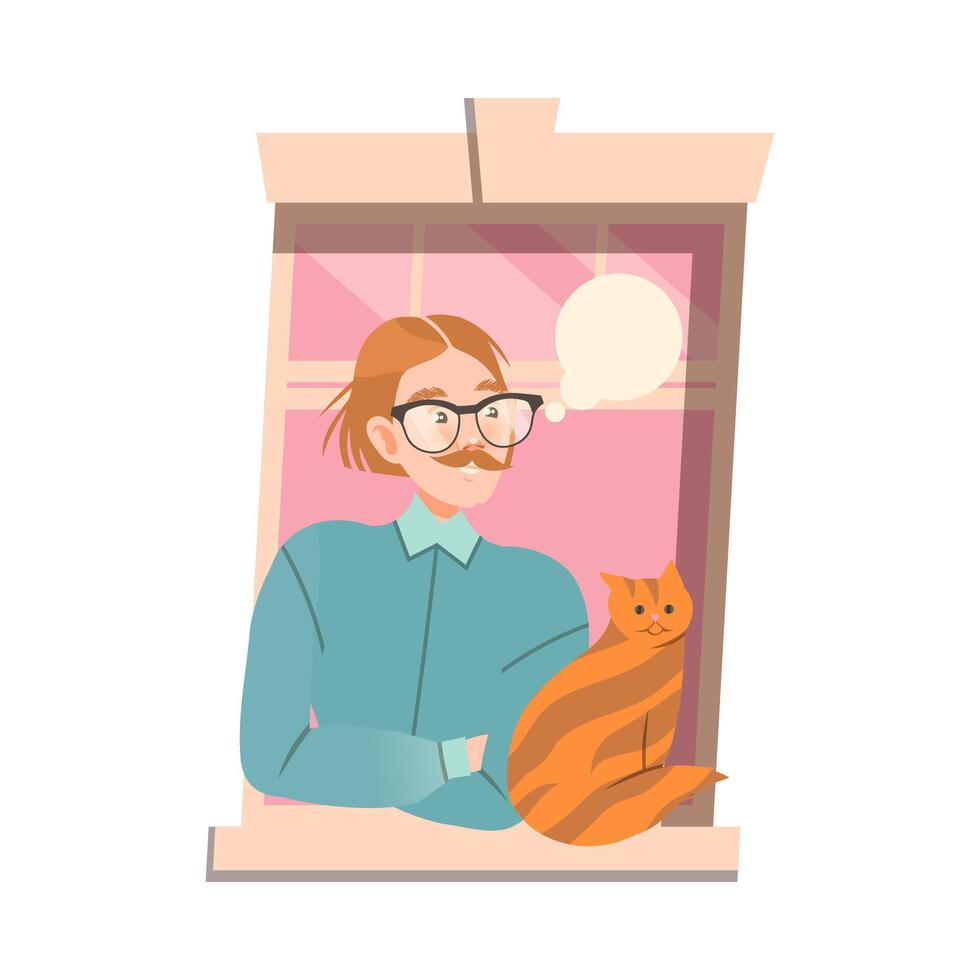 Mustached Man in Glasses in Open Window with Cat Illustration vector