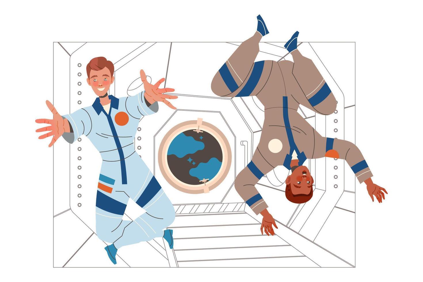 Man Astronaut Character in Outer Space in Spacesuit Flying on Space Shuttle Illustration vector