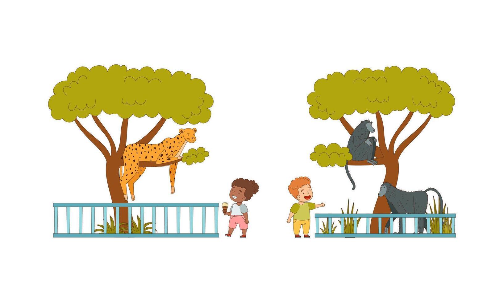 Happy Little Boy and Girl Looking at Monkey and Leopard on Tree Behind Enclosure at Zoo Illustration Set vector