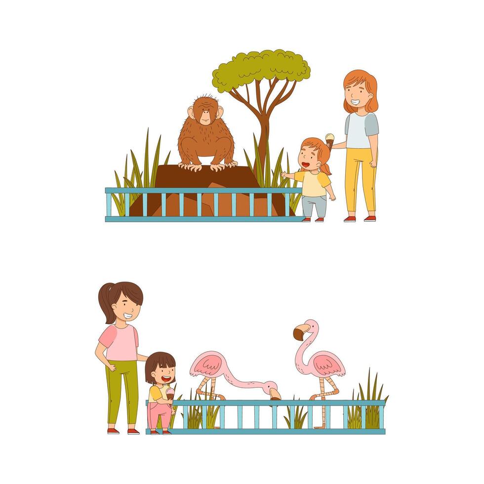 At Zoo with Happy Little Girl and Mother Looking at Monkey and Flamingo Behind Enclosure Illustration Set vector