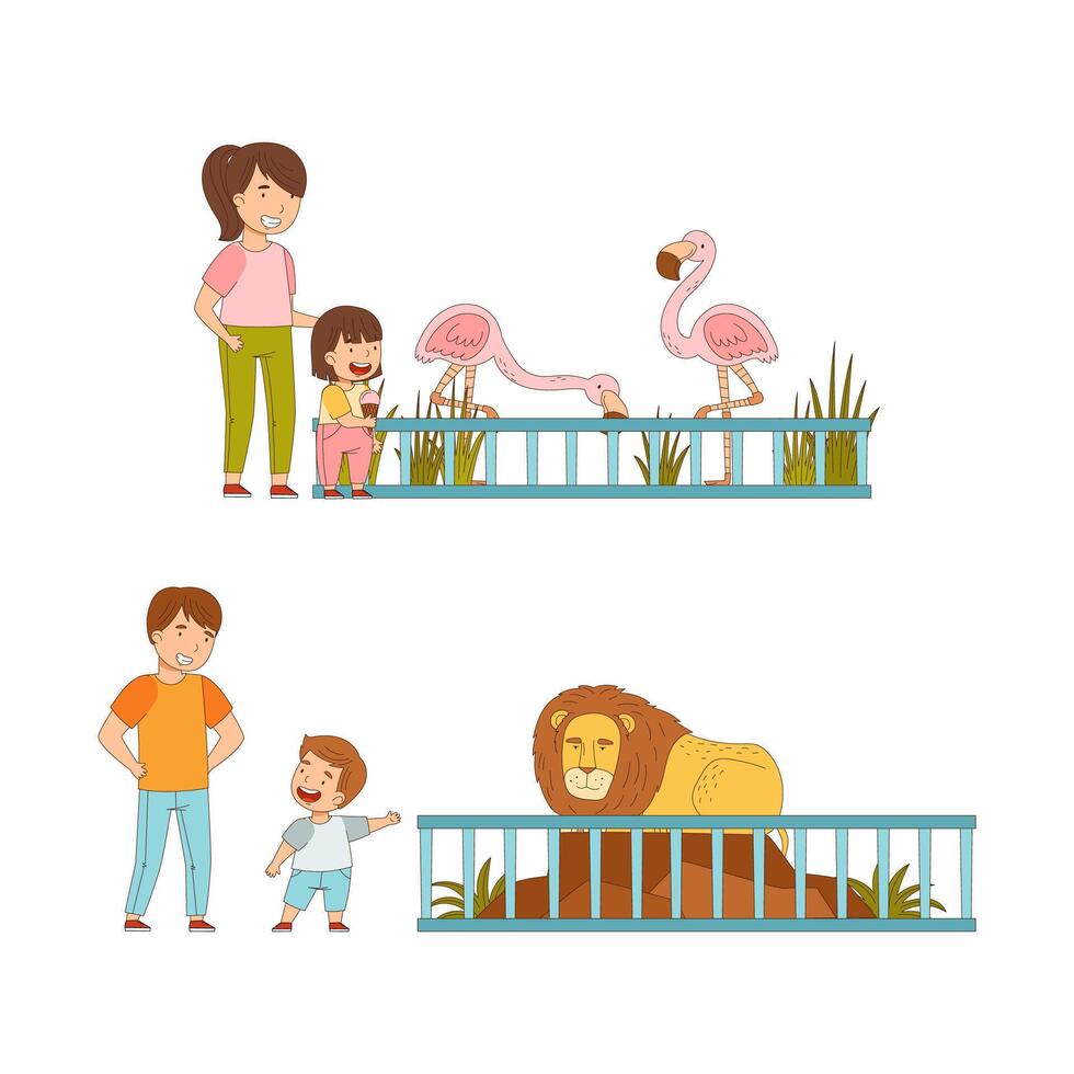 At Zoo with Happy Little Kid with Parent Looking at Flamingo and Lion Behind Enclosure Illustration Set vector