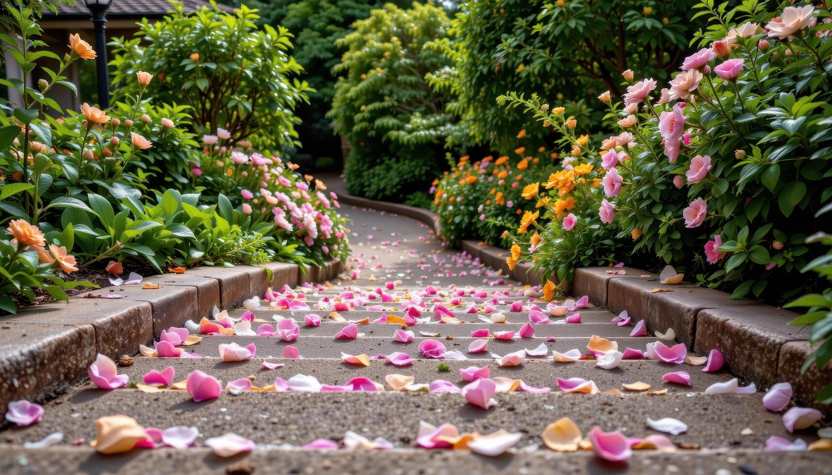 pétalo esparcido jardín pasos escalada a un tranquilo vista, No movimienot, No seres, sólo puro floral serenidad. foto