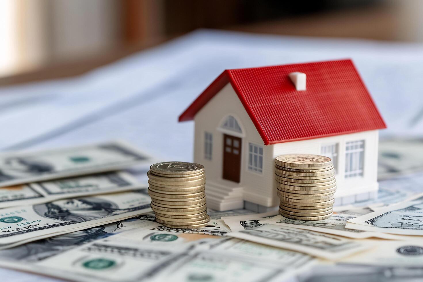 Real estate investment concept with house model on stacked coins