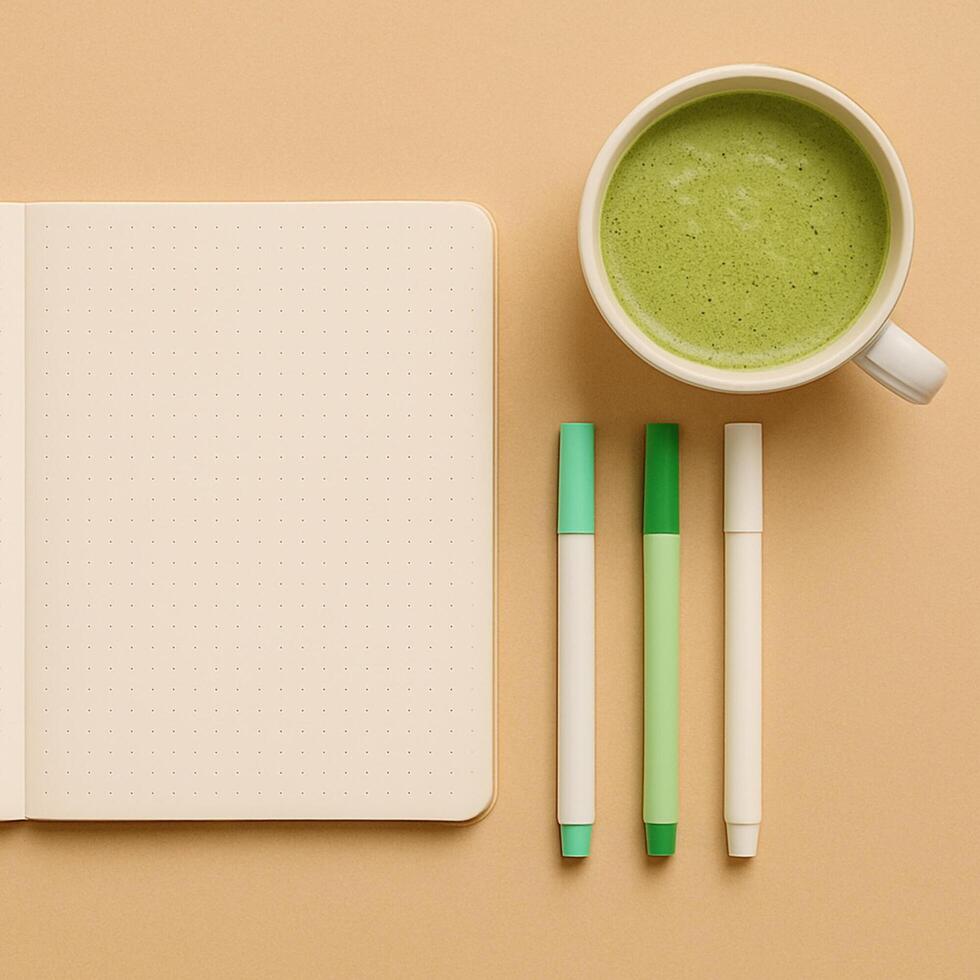Top view of a cup of matcha latte, dotted notebook, and three green pens on a beige background. Calm and minimalistic workspace, perfect for planning and productivity themes. photo