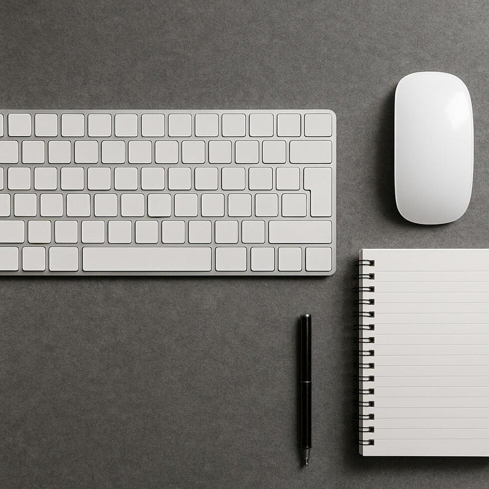 Wireless keyboard, mouse, spiral notebook and pen on dark gray desk, minimal workspace top view photo