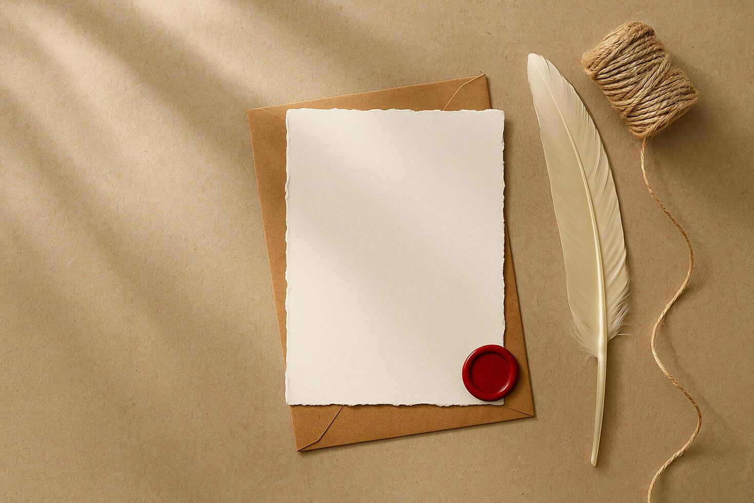 Minimal flat lay of a blank deckle-edge card on a kraft envelope with a red wax seal, quill feather and twine spool on a kraft paper background. Warm side light, clean copy space. photo