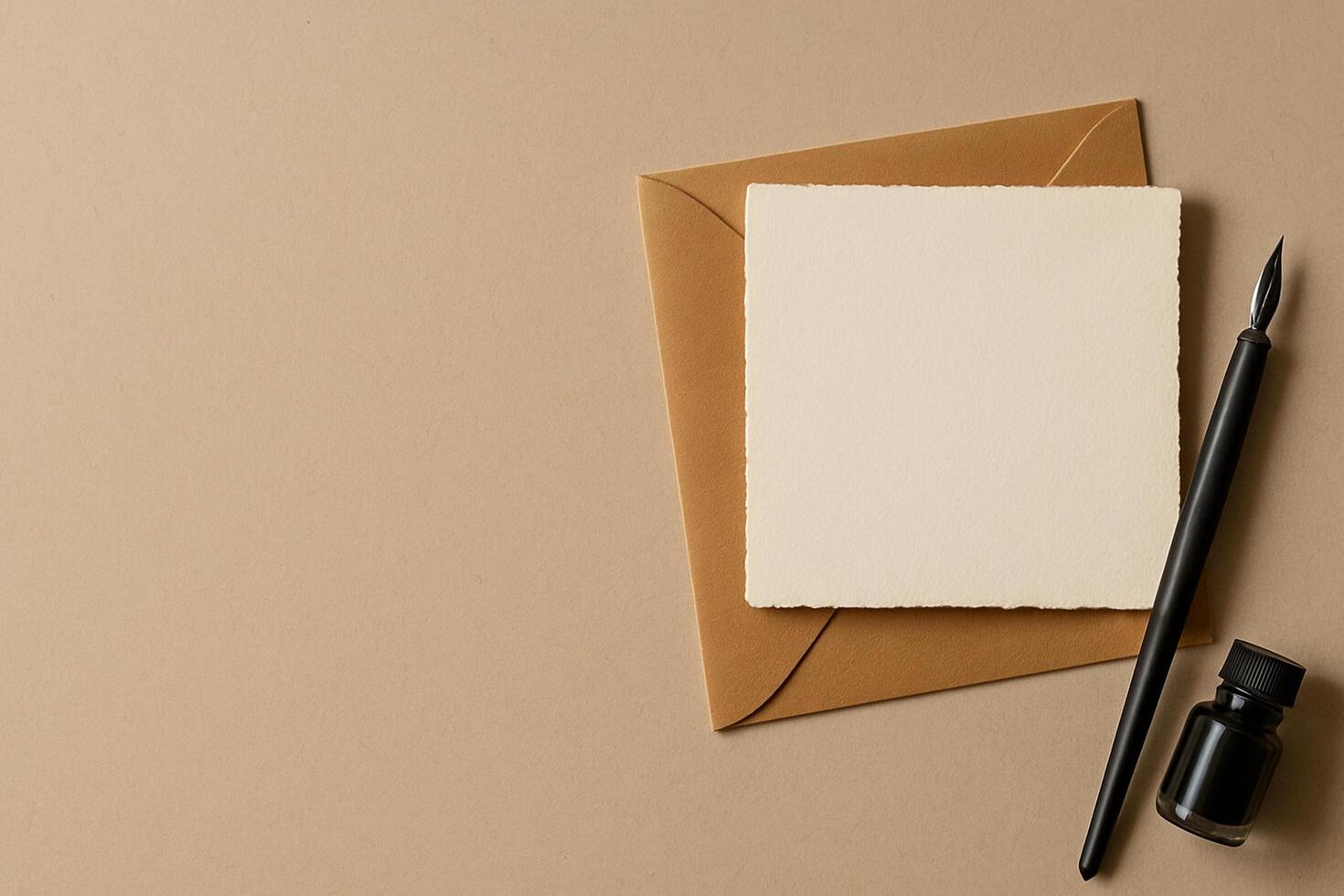 Minimal flat lay of a blank square deckle-edge card on a kraft envelope with a dip pen and ink jar on a beige background. Warm light, clean copy space for stationery or branding. photo