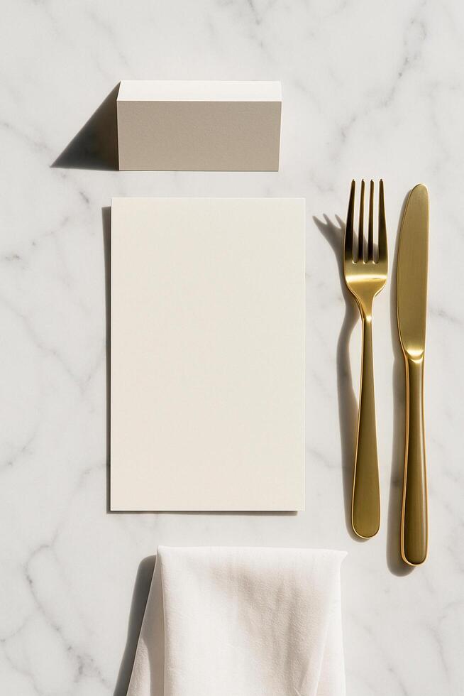 Blank menu and place card mockup with gold fork and knife on white marble. Soft light, clean shadows, top view, minimal luxury table setting with copy space. photo