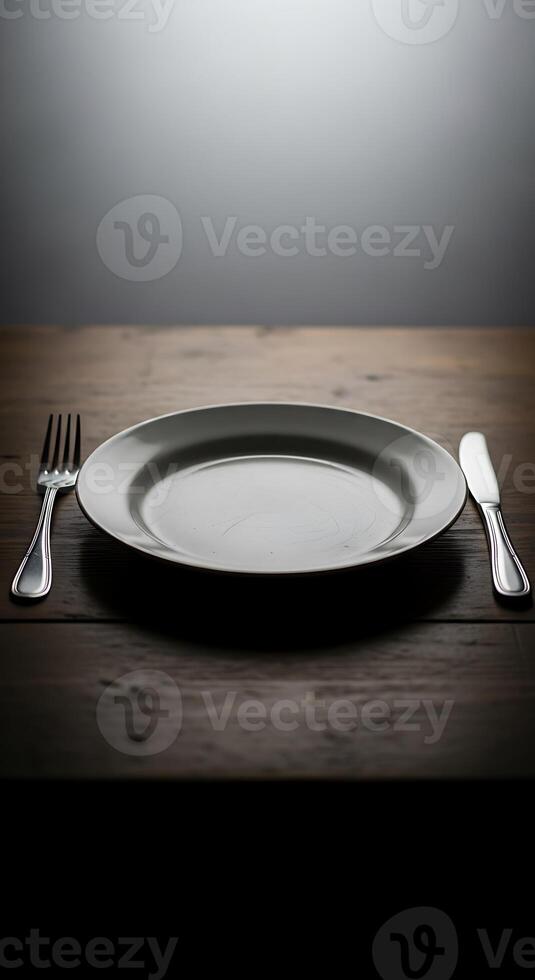 A simple place setting featuring a plate fork and knife on a rustic wooden table surface in dim lighting photo