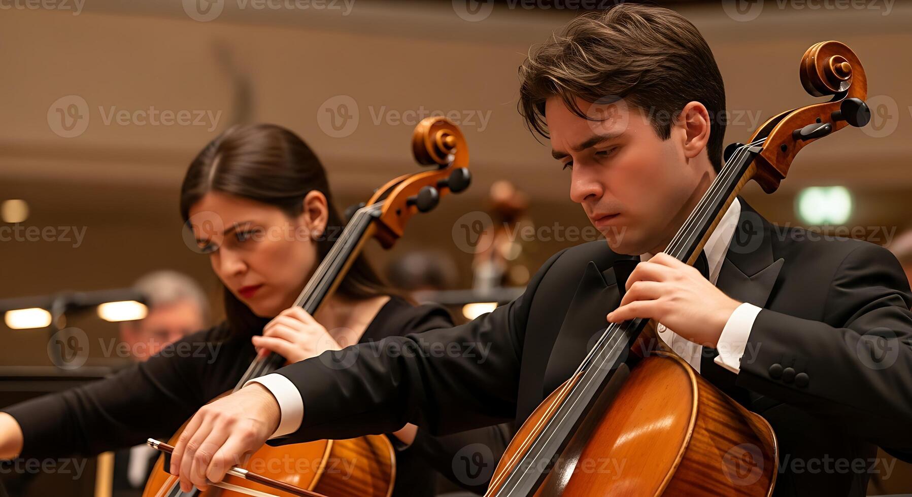 Orchestra cellists performing in formal attire during a concert with focused expressions and string instruments photo
