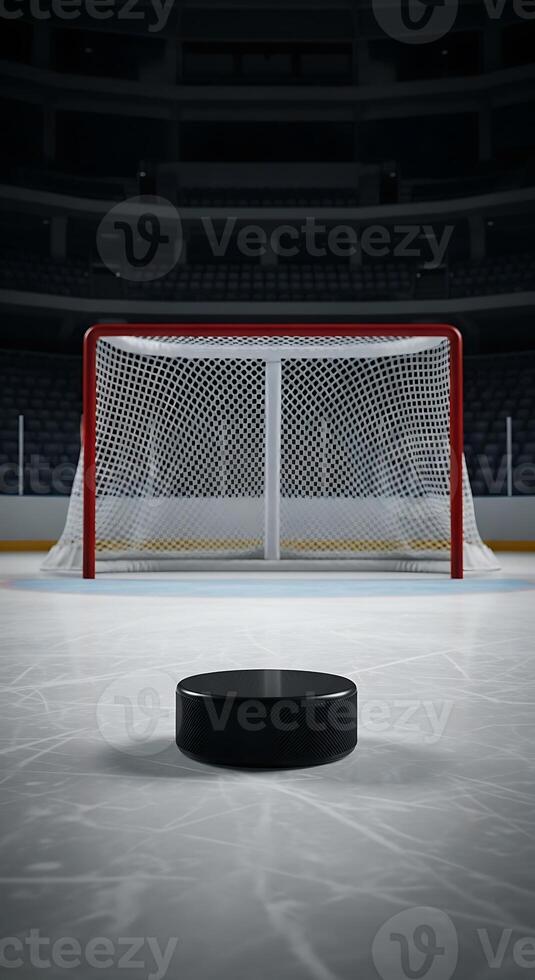 A hockey puck on the ice in an arena with a goal net in the background in a stadium setting photo