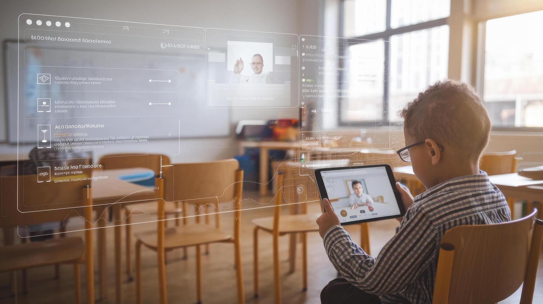 child using tablet in bright classroom, engaged in online learning. room features wooden chairs and modern educational setup, creating focused atmosphere photo