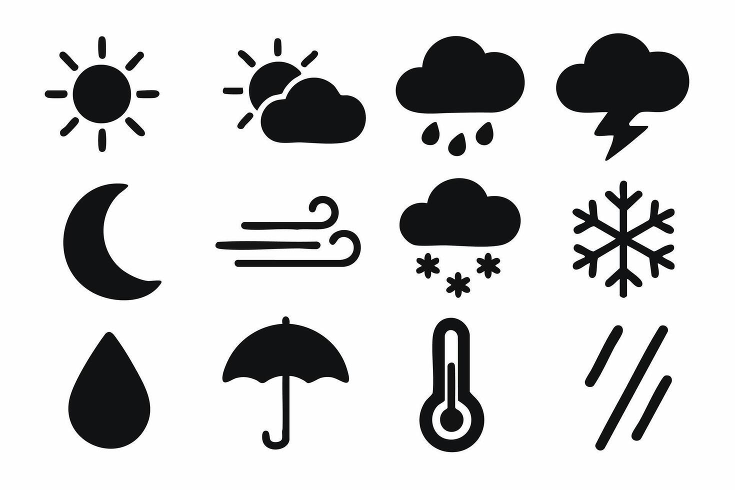 Set of twelve simple black weather icons vector