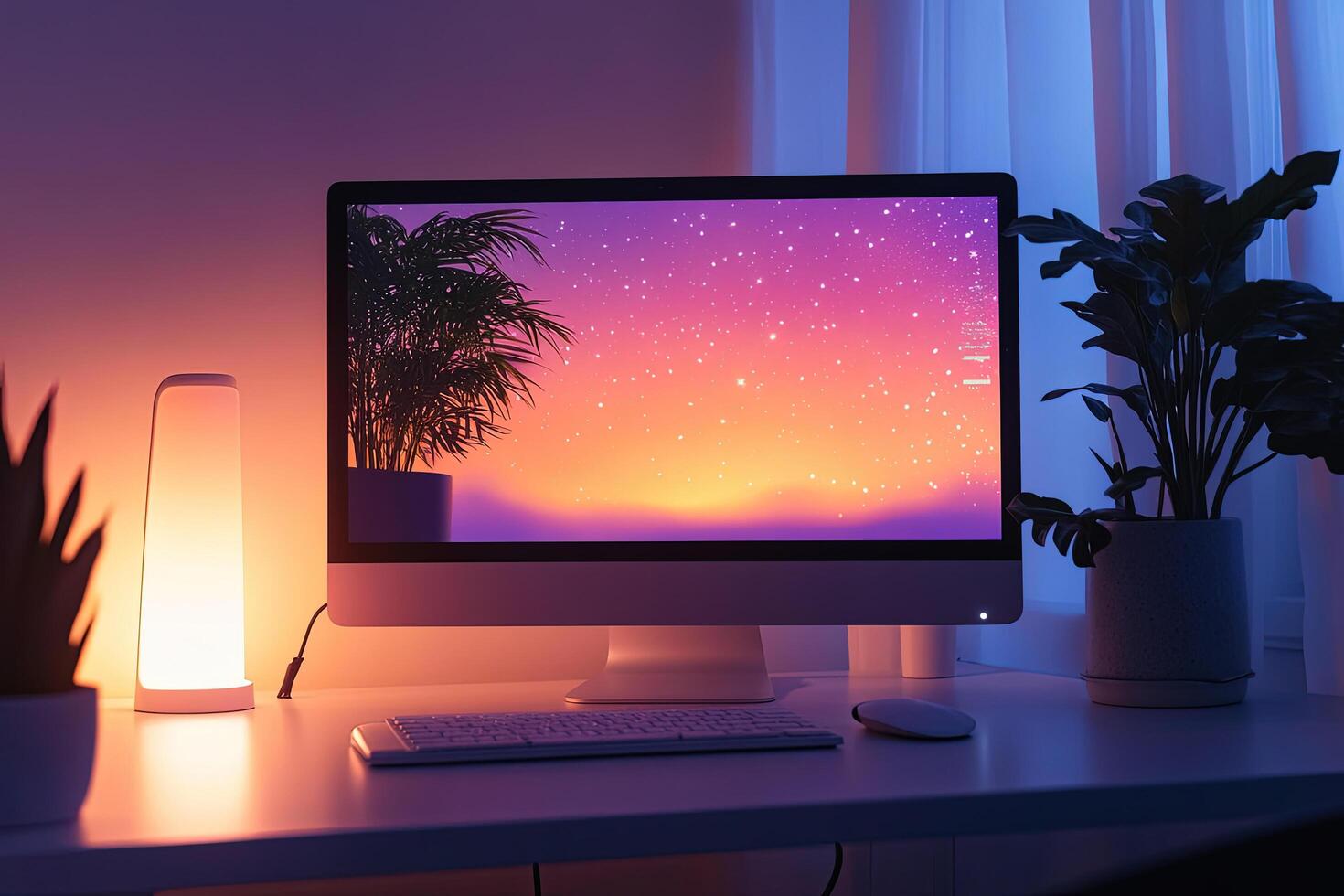 Desktop setup shows a computer with a galaxy background, alongside desk plants and a lamp photo
