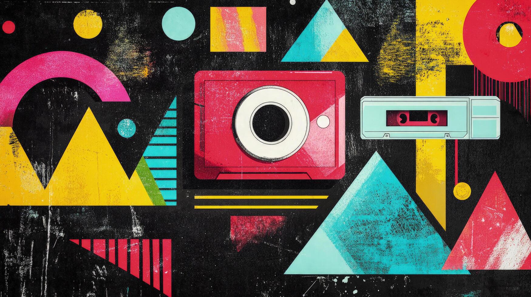 Geometric shapes, including a red camera and cassette tape, create an abstract composition on black photo