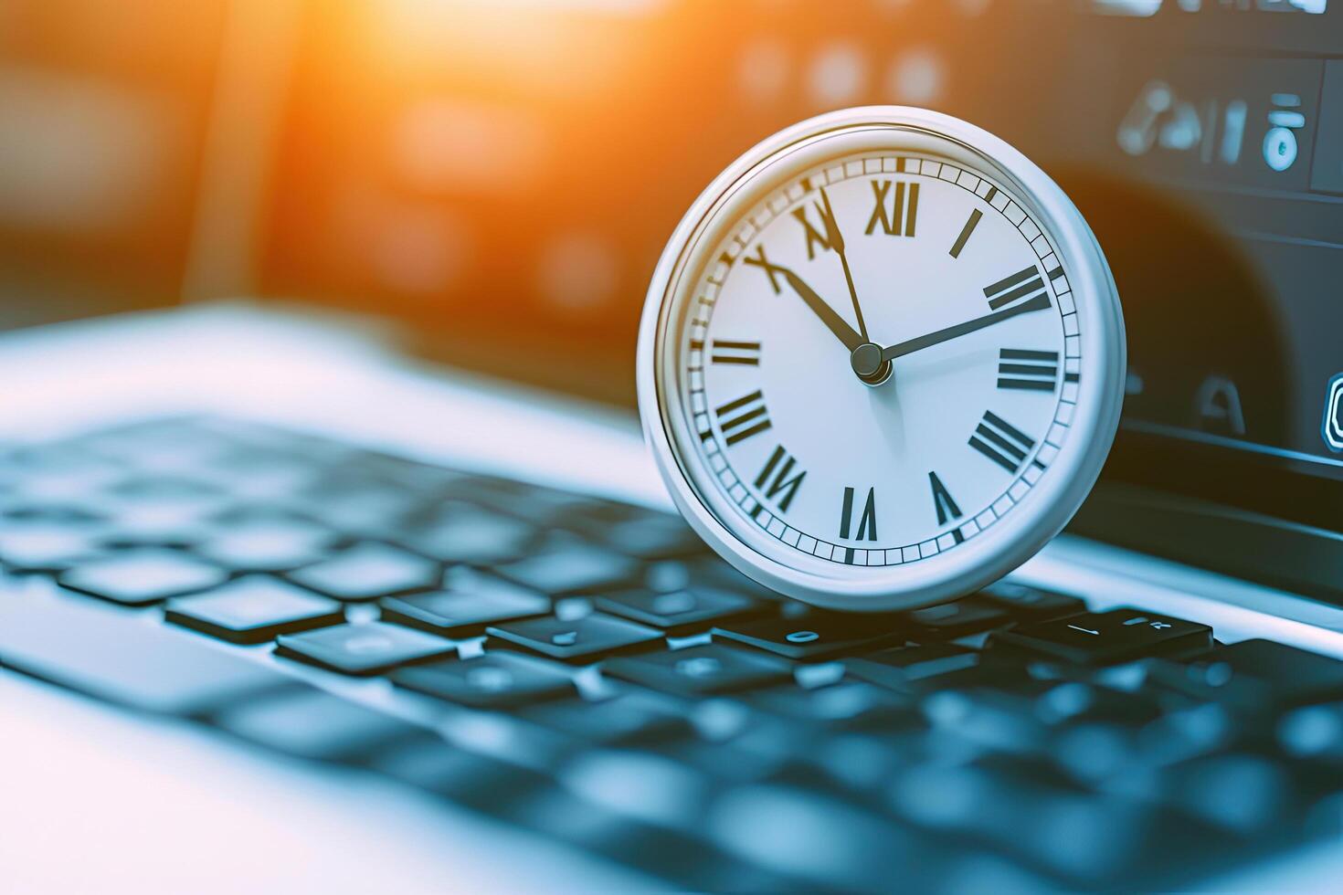 Analog clock with roman numerals sits atop an open laptop computer showing time management photo