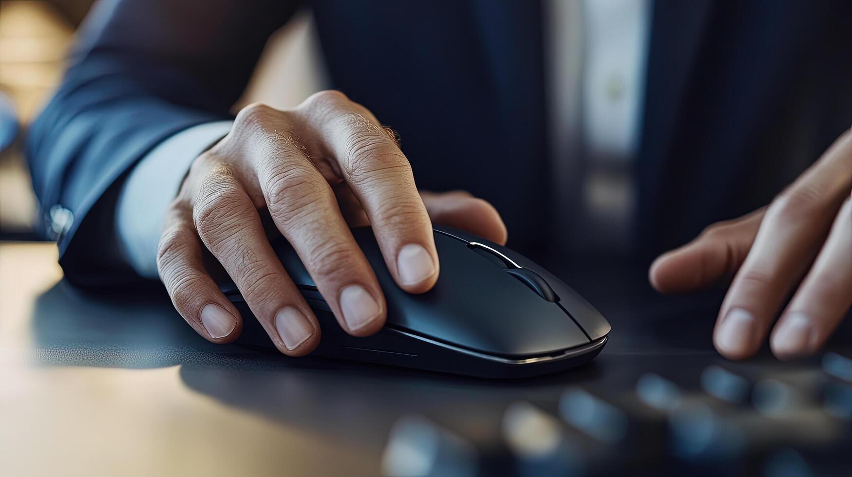 Man utilizes his hand operating a sleek black computer mouse next to keyboard photo