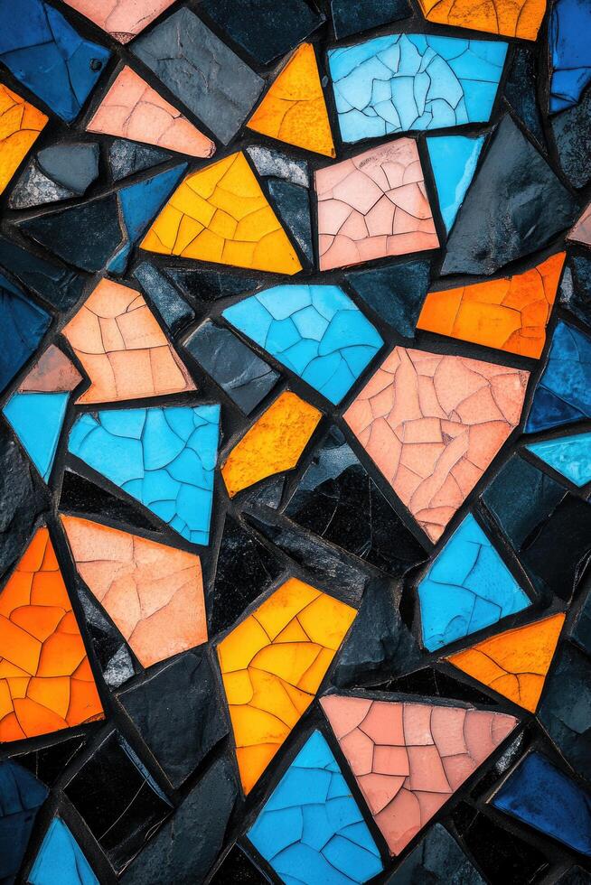 Colorful geometric mosaic pieces with cracks create a captivating abstract pattern and texture on surface photo